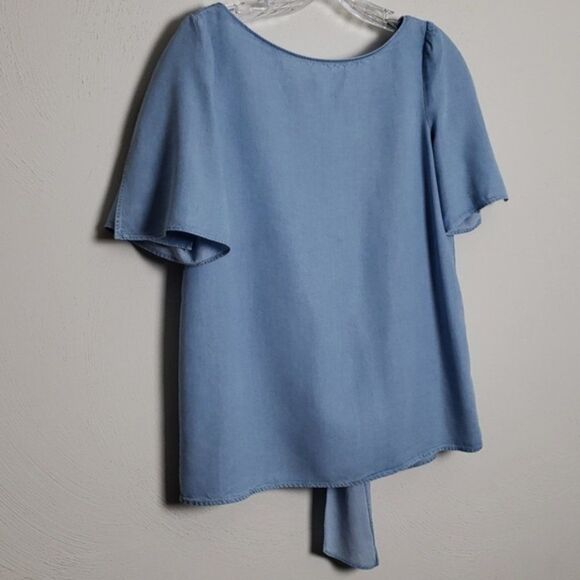 Chambray Massimo Dutti Tie-Back Bow Short Sleeve Blouse Top (NWT) - Picture 3 of 7